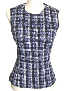 Derek Lam Navy Blue and White Plaid Sleeveless Back Zip Crew New Top Size 0
